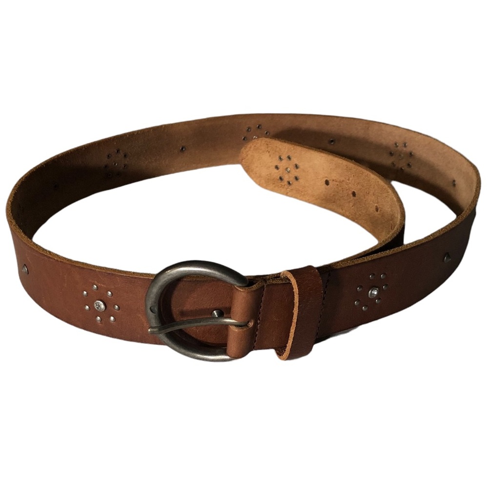 Leather Belt Boho Western Spike Rhinestone Crystal Stud Flower Raw Edge Cognac